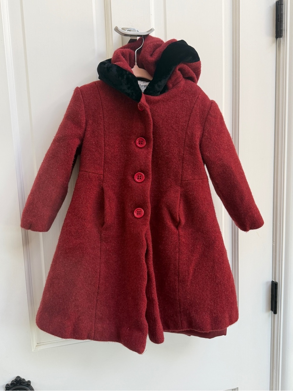 Rothschild Girls' 4 Red Hooded Warm Wool Pea Coat with Black Trim Hood Pockets